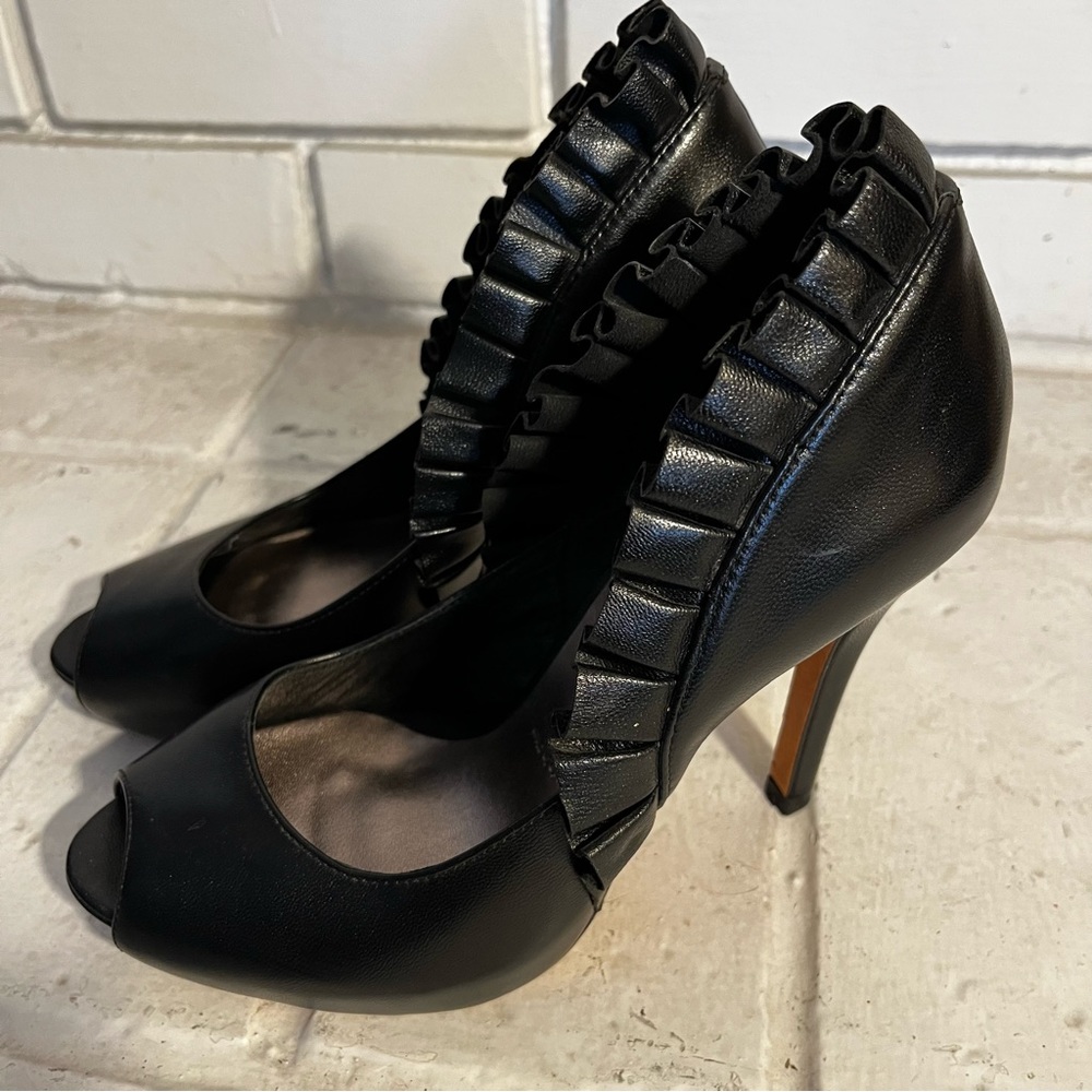 Skin by Nude Black Leather Ruffle Peep Toe Heels Size 36 US 5.5⁠